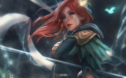 Rule 34 | 1girl, artist name, bow (weapon), bug, butterfly, cloak, dota (series), dota 2, facepaint, forehead, green butterfly, green cloak, green eyes, hair ornament, holding, holding bow (weapon), holding weapon, insect, lips, looking at viewer, medium hair, open mouth, orange hair, short sleeves, solo, weapon, windranger (dota), zed (trungbui42)