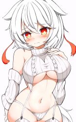 Rule 34 | 1girl, alternate costume, animal ears, blush, breasts, closed mouth, commentary, cowboy shot, garter straps, groin, gyuta, highres, inubashiri momiji, large breasts, looking at viewer, navel, red eyes, short hair, simple background, solo, sweatdrop, touhou, turtleneck, underboob, white background, white hair, wolf ears, wolf girl