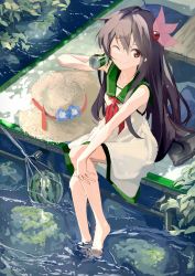 Rule 34 | 1girl, absurdres, adapted costume, barefoot, breasts, brown hair, can, chamu (chammkue), collarbone, dress, drink can, food, from above, fruit, full body, green sailor collar, hair between eyes, hair ornament, hat, highres, kantai collection, kisaragi (kancolle), long hair, looking at viewer, looking up, one eye closed, plant, purple eyes, red neckwear, ribbon, river, sailor collar, sailor dress, sitting, smile, soda can, solo, sun hat, sundress, towel, unworn hat, unworn headwear, water, watermelon