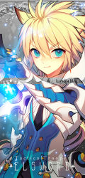 Rule 34 | 1boy, armor, blonde hair, blue eyes, brown hair, cartridge, chung seiker, copyright name, elsword, gloves, grey background, male focus, multicolored hair, pika (kai9464), smile, solo, spiked hair, streaked hair, symbol-shaped pupils, tactical trooper (elsword), two-tone hair, watermark, web address