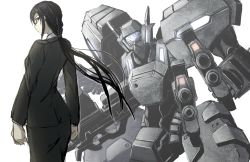 Rule 34 | black hair, clenched hands, dual wielding, f-4j gekishin, formal, glasses, grey jacket, grey skirt, gun, highres, holding, holding gun, holding weapon, jacket, kawasemi alter, komaki sayoko, long hair, looking at viewer, mecha, muv-luv, muv-luv alternative, muv-luv alternative (anime), robot, science fiction, skirt, solo, suit, tactical surface fighter, visor, weapon, white background
