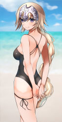 Rule 34 | 1girl, amiga sayuri, arms behind back, backless swimsuit, beach, black ribbon, black one-piece swimsuit, blonde hair, blue eyes, blue sky, blurry, blurry background, braid, braided ponytail, breasts, casual one-piece swimsuit, cloud, day, fate/apocrypha, fate (series), floating hair, from behind, headpiece, jeanne d&#039;arc (fate), jeanne d&#039;arc (ruler) (fate), leg ribbon, long hair, looking at viewer, looking back, medium breasts, ocean, one-piece swimsuit, outdoors, ribbon, sideboob, single braid, sky, smile, solo, standing, swimsuit, thigh ribbon, very long hair