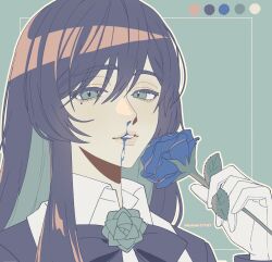 1girl ado_(utaite) black_bow black_bowtie black_hair blood blue_background blue_blood blue_eyes blue_flower blue_hair blue_rose bow bowtie chando_(ado) collared_shirt color_guide colored_inner_hair commentary flower flower_brooch gloves hair_between_eyes highres holding holding_flower inset_border kabuto_(kabuto17101) long_sleeves looking_at_viewer mole mole_under_eye multicolored_hair nosebleed open_mouth rose shirt sidelocks solo twitter_username upper_body utaite white_gloves white_shirt