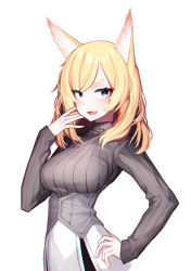 Rule 34 | 1girl, absurdres, animal ears, arknights, beudelb, black one-piece swimsuit, blonde hair, blue eyes, commentary, fang, female focus, hand on own hip, hand up, highres, horse ears, korean commentary, looking at viewer, medium hair, one-piece swimsuit, open mouth, ribbed sweater, simple background, skirt, solo, sweater, swept bangs, swimsuit, thick eyebrows, whislash (arknights), white background, white skirt