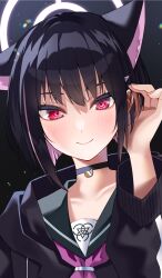 Rule 34 | 1girl, absurdres, animal ears, bare shoulders, black hair, black jacket, blue archive, blush, breasts, cat ears, choker, cleavage, collarbone, colored inner hair, extra ears, gomashi (goma), hair ornament, hairclip, halo, highres, jacket, kazusa (blue archive), long sleeves, looking at viewer, multicolored hair, pink hair, red eyes, short hair, small breasts, smile, solo