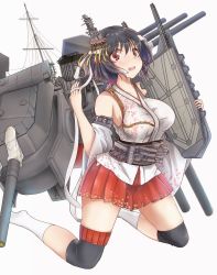 Rule 34 | 1girl, black hair, bro (badmaiden), cannon, detached sleeves, floral print, full body, hair ornament, headband, highres, kantai collection, knee pads, kneehighs, machinery, mast, nontraditional miko, pleated skirt, red eyes, red skirt, short hair, simple background, skirt, socks, solo, turret, white background, white socks, wide sleeves, yamashiro (kancolle), yamashiro kai ni (kancolle)