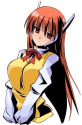 Rule 34 | 1girl, breasts, emphasis lines, female focus, long hair, orange hair, red eyes, robot ears, school uniform, serio (to heart), shinozuka atsuto, simple background, solo, sweater vest, to heart, to heart (series), white background