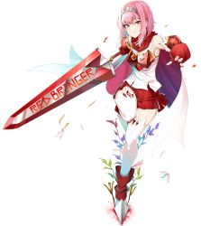 Rule 34 | 1girl, armor, boobplate, boots, borrowed character, breastplate, cape, closed mouth, doko tetora, flower, full body, gloves, hairband, highres, holding, holding sword, holding weapon, huge weapon, looking at viewer, medium hair, miniskirt, original, pink eyes, pink hair, pleated skirt, red cape, red gloves, red skirt, shirt, simple background, skirt, solo, standing, standing on one leg, sword, thighhighs, two-sided cape, two-sided fabric, weapon, white background, white shirt, white thighhighs