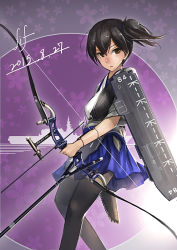 Rule 34 | 10s, 1girl, 2015, alternate weapon, artist name, black hair, black thighhighs, bow (weapon), brown eyes, dated, expressionless, flight deck, floral background, gradient background, kaga (jmsdf), kaga (kancolle), kantai collection, lif (lif &amp; ref), side ponytail, skirt, solo, thighhighs, weapon