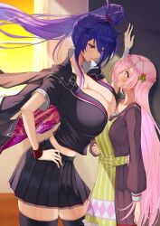 Rule 34 | 2girls, absurdres, apron, blue hair, blush, braid, breast press, breasts, cape, character request, cleavage, copyright request, curtains, day, eye contact, height difference, highres, huge breasts, indoors, kabedon, kaoru1307, lips, long hair, looking at another, midriff, multiple girls, navel, open mouth, orange eyes, pink hair, purple eyes, school uniform, side ponytail, skirt, smile, thighhighs, very long hair, yuri, zettai ryouiki