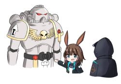 Rule 34 | 1girl, :d, adeptus astartes, amiya (arknights), animal ears, arknights, bailingxiao jiu, black jacket, blue eyes, blush, brown hair, cropped torso, crossover, doctor (arknights), fang, hood, hood up, hooded jacket, jacket, long hair, long sleeves, open clothes, open jacket, open mouth, outstretched arm, rabbit girl, robot, shirt, simple background, smile, upper body, warhammer 40k, white background, white shirt