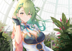 Rule 34 | 1girl, absurdres, antlers, braid, breasts, ceres fauna, cleavage, dress, flower, french braid, gloves, green hair, greenhouse, hair flower, hair ornament, highres, hololive, hololive english, horns, leaf, long hair, looking at viewer, medium breasts, mole, mole under eye, plant, smile, solo, upper body, virtual youtuber, yamipatoo, yellow eyes