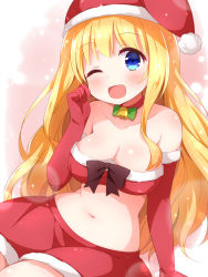 Rule 34 | arm support, bare shoulders, bell, belly, blonde hair, blue eyes, blush, bow, bowtie, breasts, bustier, choker, cleavage, collarbone, cowboy shot, elbow gloves, fur-trimmed gloves, fur-trimmed skirt, fur trim, gloves, hand up, hat, head tilt, jingle bell, large breasts, long hair, midriff, mikan-ya, narrow waist, navel, neck bell, one eye closed, open mouth, original, red choker, red gloves, red skirt, santa costume, santa hat, sitting, skirt, smile, sparkle, straight hair, wink