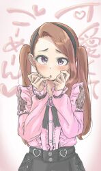 Rule 34 | 1girl, anjerain, black hairband, black shirt, blush, brown hair, buttons, chestnut mouth, commentary, frilled shirt, frills, hairband, hands up, heart, highres, idolmaster, idolmaster (classic), long hair, long sleeves, looking at viewer, minase iori, pink background, pink eyes, pink shirt, see-through cutout, shirt, shy, solo, translation request, twintails, upper body
