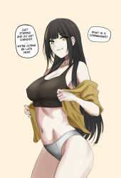 Rule 34 | 1girl, black hair, black tank top, blonde hair, breasts, cleavage, english text, girls&#039; frontline, highres, large breasts, long hair, looking at viewer, m16a1 (girls&#039; frontline), matsu arts, medium breasts, mole, mole under eye, multicolored hair, panties, scar, scar across eye, shirt, smile, solo, streaked hair, tank top, underwear, undressing, yellow background, yellow eyes, yellow shirt