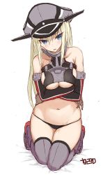 Rule 34 | 10s, 1girl, adapted costume, anchor hair ornament, bare shoulders, bismarck (kancolle), black panties, blonde hair, blue eyes, breast hold, breast press, breasts, brown gloves, detached sleeves, gloves, goekawa, grey thighhighs, hair ornament, halterneck, hat, kantai collection, kriegsmarine, large breasts, long hair, midriff, military, military hat, military uniform, navel, open mouth, panties, peaked cap, sitting, skindentation, solo, thighhighs, tsurime, underboob, underwear, uniform