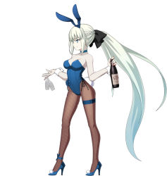 Rule 34 | 1girl, blue leotard, fate/grand order, fate (series), fishnet pantyhose, fishnets, high heels, leotard, morgan le fay (fate), pantyhose, playboy bunny, sprite, third-party edit, white hair
