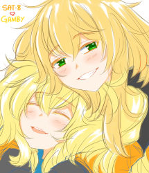 Rule 34 | 2girls, ^ ^, blonde hair, blush, character name, closed eyes, commentary, crossover, english commentary, gambier bay (kancolle), girls&#039; frontline, green eyes, grin, guin guin, hair between eyes, head tilt, heart, kantai collection, multiple girls, open mouth, round teeth, s.a.t.8 (girls&#039; frontline), simple background, sketch, smile, teeth, upper teeth only, white background