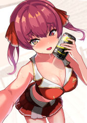 Rule 34 | 1girl, belt, blurry, blurry background, blush, brand name imitation, breasts, brown belt, can, cleavage, commentary, cowboy shot, cropped jacket, drink, drunk, hair ribbon, heterochromia, highres, holding, holding can, hololive, houshou marine, jacket, looking at viewer, medium breasts, medium hair, midriff, miniskirt, no bodystocking, open mouth, oritonagi, outstretched arm, pleated skirt, red eyes, red hair, red jacket, red ribbon, red skirt, ribbon, selfie, skirt, sleeveless, sleeveless jacket, solo, strong zero, sweat, tareme, twintails, two-tone skirt, virtual youtuber, white skirt, yellow eyes