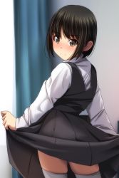 Rule 34 | 1girl, absurdres, black dress, black hair, blurry, blurry background, blush, brown eyes, closed mouth, collared shirt, curtains, day, depth of field, dress, highres, indoors, long sleeves, looking at viewer, looking back, matsunaga kouyou, nose blush, original, pinafore dress, pleated dress, shirt, skirt hold, sleeveless, sleeveless dress, sleeves past wrists, smile, solo, sunlight, thighhighs, white shirt, white thighhighs, window