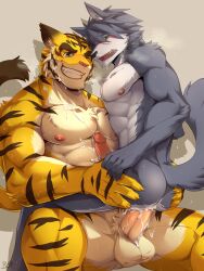 Rule 34 | abs, anal, animal ears, bara, blush, claws, completely nude, cum, cum on body, dog boy, dog ears, dog tail, erection, facial, fangs, furry, furry male, green eyes, kouya aotsuki, looking down, male focus, morenatsu, muscular, muscular male, nipples, nude, open mouth, pectorals, penis, rabbity art, signature, smile, tail, testicles, tiger boy, tiger ears, tiger stripes, torahiko oshima, yaoi, yellow eyes