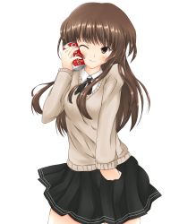 Rule 34 | 1girl, amagami, brown eyes, brown hair, can, coca-cola, drink can, highres, kamizaki risa, long hair, minami machi, one eye closed, school uniform, soda can, solo, sweater, transparent background, wink