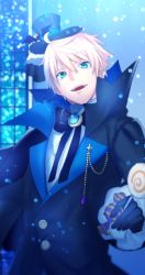 Rule 34 | 1boy, aqua eyes, arthur pendragon (fate), bad id, bad twitter id, blonde hair, bow, bowtie, candy, fangs, fate/grand order, fate/prototype, fate (series), food, halloween, halloween costume, hat, highres, lollipop, looking at viewer, male focus, mini hat, mini top hat, seseragi azuma, smile, solo, top hat, vampire