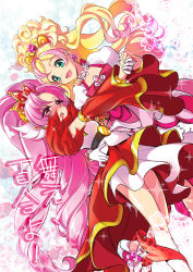 Rule 34 | 2girls, akagi towa, belt, blonde hair, blush, bow, cure flora, cure scarlet, curly hair, detached sleeves, earrings, flower, flower earrings, flower necklace, go! princess precure, gradient background, green eyes, haruno haruka, highres, holding hands, jewelry, long hair, magical girl, multicolored hair, multiple girls, mytyl, necklace, pink bow, pink hair, pointy ears, precure, red eyes, shoes, skirt, smile, streaked hair, two-tone hair