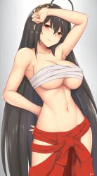 Rule 34 | 1girl, ahoge, arcie albano, arm behind back, arm up, armpits, azur lane, bandages, bare shoulders, barefoot, black hair, blush, breasts, cleavage, closed mouth, collarbone, grey background, hair between eyes, hair ornament, hakama, hakama skirt, highres, japanese clothes, large breasts, long hair, looking at viewer, navel, red eyes, red hakama, sarashi, simple background, skirt, smile, solo, taihou (azur lane), underboob