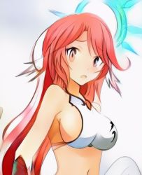 Rule 34 | 1girl, breasts, commentary request, spiked halo, crop top, halo, halterneck, jibril (no game no life), large breasts, long hair, magic circle, midriff, navel, no bra, no game no life, open mouth, orange eyes, orange hair, paintschainer, potekite, sideboob, solo, stomach, very long hair, wing ears