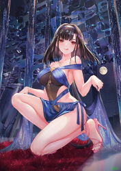 Rule 34 | 1girl, :q, ahoge, armpit crease, atdan, azur lane, bare legs, bare shoulders, black hair, blue dress, breasts, closed mouth, clothing cutout, collarbone, dress, earrings, hair ornament, hairband, high heels, highres, independence (azur lane), independence (the independent line) (azur lane), jewelry, large breasts, long hair, looking at viewer, low ponytail, mole, mole on shoulder, mole on thigh, on one knee, red eyes, revealing clothes, side cutout, sleeveless, sleeveless dress, slit pupils, smile, solo, thighs, tongue, tongue out, very long hair