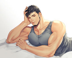 Rule 34 | 1boy, bara, bed, black hair, closed mouth, facial hair, grey tank top, large pectorals, looking at viewer, lying, male focus, muscular, muscular male, on bed, on stomach, original, pectorals, short hair, solo, tank top, taparara, twitter username