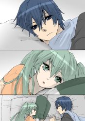 Rule 34 | 1boy, 1girl, bad id, bad pixiv id, bed, comic, hatsune miku, irono (irtyu), kaito (vocaloid), lying, pillow, scarf, silent comic, spring onion, twintails, vocaloid