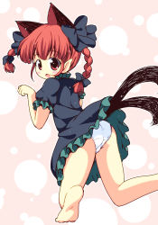 Rule 34 | 1girl, animal ears, ass, bare legs, barefoot, black dress, bow, braid, cat ears, cat tail, dress, extra ears, hair bow, kaenbyou rin, looking at viewer, looking back, multiple tails, nekomata, open mouth, panties, pantyshot, pila-pela, pointy ears, puffy short sleeves, puffy sleeves, red eyes, red hair, short sleeves, solo, standing, tail, touhou, twin braids, underwear, upskirt, white panties
