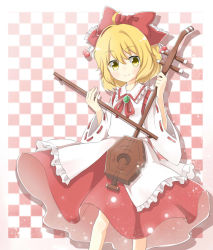 Rule 34 | 1girl, ahoge, bad id, bad pixiv id, blonde hair, brooch, checkered background, cherry, detached sleeves, dress, ellipsis (mitei), erhu, food, fruit, hair ribbon, highres, jewelry, layered dress, light particles, looking at viewer, ribbon, ribbon-trimmed sleeves, ribbon trim, satsuki rin, short hair, smile, solo, touhou, yellow eyes