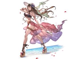 Rule 34 | 1girl, armlet, bag, bare shoulders, bikini, bracelet, breasts, brown hair, cleavage, floral print, full body, granblue fantasy, halterneck, handbag, hat, holding, jewelry, large breasts, lips, long hair, looking at viewer, minaba hideo, nail polish, official alternate costume, official art, parted lips, petals, platform footwear, purple bikini, purple eyes, rosetta (granblue fantasy), rosetta (summer) (granblue fantasy), sandals, sarong, see-through, smile, solo, standing, sun hat, swimsuit, thigh strap, transparent background, very long hair, water