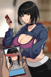 Rule 34 | 1boy, 1girl, bar censor, black choker, black hair, black pants, blue jacket, blurry, blurry background, bra, breasts, cellphone, censored, choker, cleavage, commentary, cropped jacket, hella p, highres, holding, holding phone, huge breasts, jacket, long sleeves, looking at viewer, multicolored hair, original, pants, penis, penis on face, penis over eyes, phone, pov, purple bra, red eyes, short hair, smartphone, sports bra, symbol-only commentary, underwear