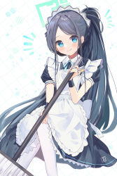 Rule 34 | 1girl, absurdres, apron, aqua halo, aris (blue archive), aris (maid) (blue archive), black hair, blue archive, blue eyes, closed mouth, commentary request, green halo, halo, highres, long hair, looking at viewer, maid, maid apron, official alternate costume, pantyhose, ponytail, rectangular halo, shishiodoshi, sitting, smile, solo, very long hair, white apron, white pantyhose