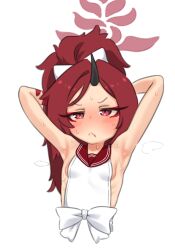 Rule 34 | 1girl, annoyed, armpits, arms up, basukechi, blue archive, breasts, horns, red hair, renge (blue archive), small breasts, solo