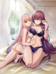Rule 34 | 2girls, ass, breasts, brown hair, fate (series), large breasts, lingerie, long hair, looking at viewer, medb (fate), medium breasts, multiple girls, pink hair, red eyes, scathach (fate), sitting, underwear, yellow eyes, yuri
