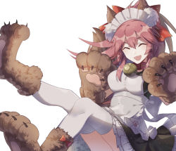 Rule 34 | 1girl, alternate costume, animal ear fluff, animal ears, animal hands, apron, bell, bow, breasts, cat hair ornament, cat paws, closed eyes, collar, enmaided, fangs, fate/grand order, fate (series), fox ears, fox tail, frills, gloves, hair ornament, hairband, highres, idass, jingle bell, large breasts, long hair, looking at viewer, maid, maid apron, maid headdress, neck bell, open mouth, paw gloves, paw shoes, pink hair, ponytail, red ribbon, ribbon, shoes, simple background, solo, tail, tamamo (fate), tamamo cat (fate), tamamo cat (second ascension) (fate), thighhighs, uniform, waist apron, white background, white thighhighs