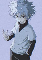 Rule 34 | 1boy, blue eyes, child, enoki (gongindon), fighting stance, fingernails, highres, hunter x hunter, killua zoldyck, layered sleeves, long sleeves, looking at viewer, male focus, serious, sharp fingernails, shirt, short hair, short over long sleeves, short sleeves, simple background, solo, white hair