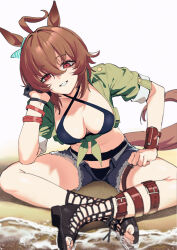 Rule 34 | 1girl, agnes tachyon (lunatic lab) (umamusume), agnes tachyon (umamusume), bikini, black bikini, black footwear, black gloves, bow, bracelet, breasts, brown hair, cleavage, cross-laced footwear, crossed legs, denim, denim shorts, ear bow, gloves, green shirt, halterneck, highres, jewelry, looking at viewer, medium breasts, official alternate costume, red eyes, sandals, sarcophage, shirt, shorts, single glove, sleeves rolled up, solo, striped, striped bow, swimsuit, thigh strap, tied shirt, toes, umamusume