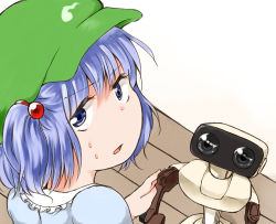 Rule 34 | 1girl, blue eyes, blue hair, family computer robot, hair bobbles, hair ornament, hat, kawashiro nitori, looking at viewer, looking back, matching hair/eyes, nanana (chicken union), nintendo, parted lips, robot, short hair, simple background, solo, sweat, touhou, twintails, two side up, white background