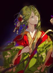 Rule 34 | 1other, absurdres, ambiguous gender, androgynous, black background, chinese commentary, enkidu (fate), fate/grand order, fate/strange fake, fate (series), gradient background, green eyes, green hair, hair ornament, highres, japanese clothes, kimono, layered clothes, layered kimono, long hair, long sleeves, looking away, looking to the side, ribbon, smile, solo, type-moon, very long hair, xumeng60429