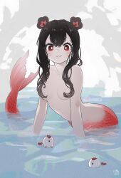 Rule 34 | 1girl, absurdres, black hair, breasts, closed mouth, colored skin, commentary request, double bun, eyelashes, facial mark, grey skin, hair between eyes, hair bun, hair censor, highres, long hair, looking at viewer, medium breasts, mermaid, monster girl, multicolored hair, nude, original, partially submerged, red eyes, red hair, red tail, ryusei (ryusei b), scales, signature, solo, twitter username, water, whisker markings