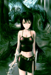 Rule 34 | belt, black hair, bow (weapon), crossbow, dragon, forest, nature, navel, s zenith lee, skirt, sword, weapon