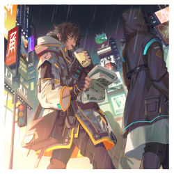 Rule 34 | 1boy, 1other, alternate costume, arknights, black gloves, black hair, black pants, bubble tea, building, coat, commentary, cup, dark-skinned male, dark skin, disposable cup, english commentary, fingerless gloves, gloves, highres, holding, holding cup, hood, hood down, hood up, hooded coat, lamppost, long sleeves, manjyufroth, newspaper, night, orange eyes, outdoors, pants, ponytail, rain, sign, sky, thorns (arknights), walking
