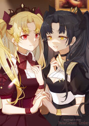 Rule 34 | 2girls, :d, absurdres, black choker, black dress, black hair, black tiara, blonde hair, bow, bowtie, character name, choker, cleavage cutout, clothing cutout, copyright name, dress, earrings, english text, ereshkigal (fate), fate/grand order, fate (series), highres, holding hands, ishtar (fate), jewelry, light smile, long hair, looking at another, multiple girls, open mouth, red bow, red bowtie, red dress, red eyes, ribbon choker, siblings, sisters, smile, tiara, two side up, yellow eyes, yume-dream
