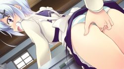 Rule 34 | 1girl, apron, ass, black eyes, blue hair, blush, clothes lift, dutch angle, fingering, from behind, game cg, legs, looking back, open mouth, panties, sakura nikagetsu, school uniform, short hair, skirt, skirt lift, solo focus, standing, striped clothes, striped panties, surprised, thighs, underwear